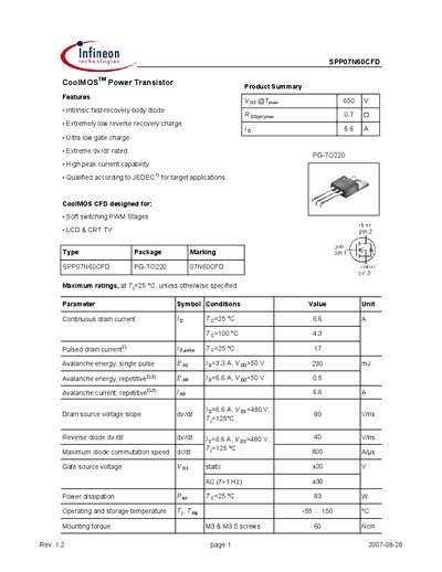 Infineon SPP07N60CFD Datasheet - cover page