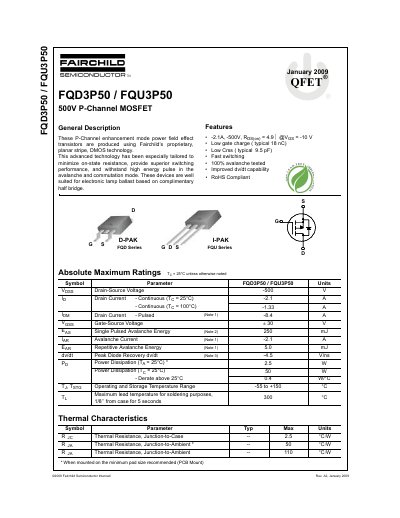 Fairchild Semiconductor FQD3P50/FQU3P50 500V P-Channel MOSFET Datasheet - cover page