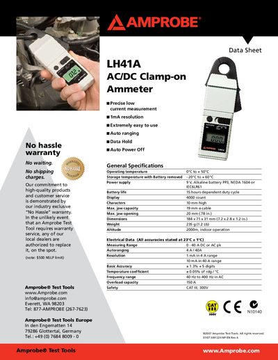 Amprobe LH41A AC/DC Clamp-on Ammeter Data Sheet - cover page