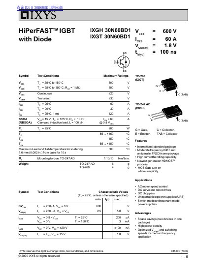 IXYS IXGH/IXGT 30N60BD1 IGBT with Diode Datasheet - cover page
