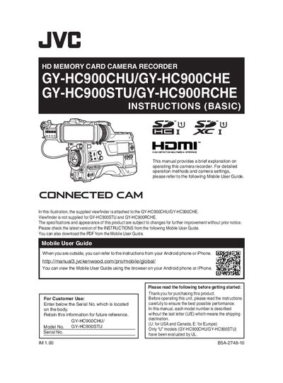 JVC GY-HC900CHU/GY-HC900CHE/GY-HC900STU/GY-HC900RCHE Memory Card Camera Recorder Basic Instructions - cover page