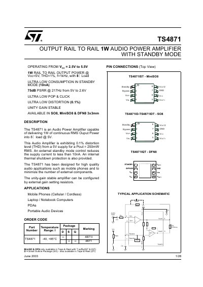 STMicroelectronics TS4871 Audio Power Amplifier Datasheet