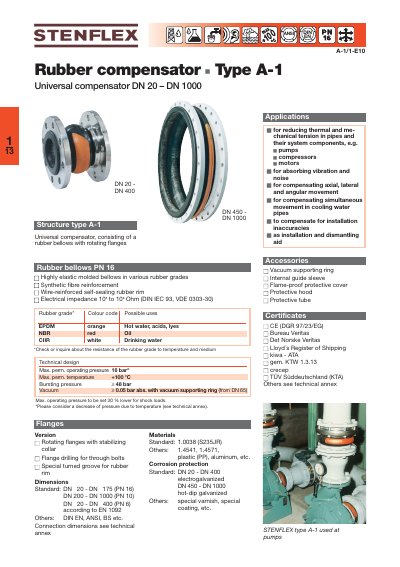 Stenflex Type A-1 Universal Compensator Technical Data Sheet - cover page