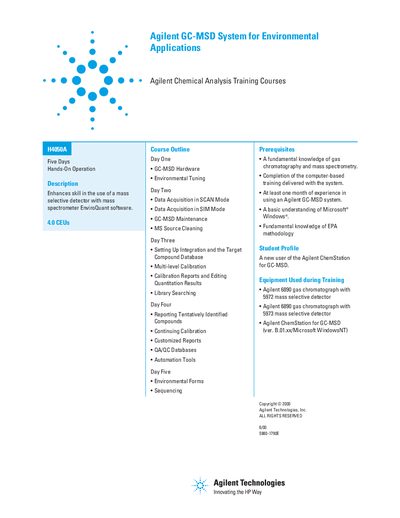 Agilent H4050A GC-MSD System Environmental Applications Training Course Handbook - cover page