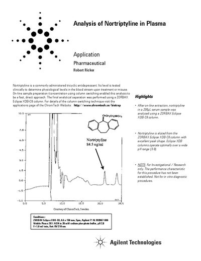 Agilent Analysis of Nortriptyline in Plasma Application Note - cover page