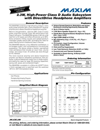 Maxim MAX9796 2.3W High-Power Class D Audio Subsystem with DirectDrive Headphone Amplifiers Datasheet - cover page