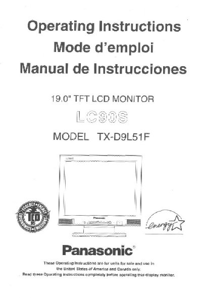 Panasonic TX-D9L51F 19.0" TFT LCD Monitor Operating Instructions - cover page