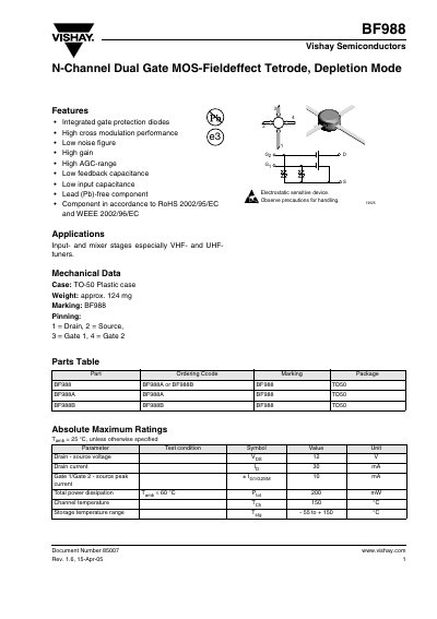 Vishay BF988 N-Channel Dual Gate MOSFET Datasheet - cover page