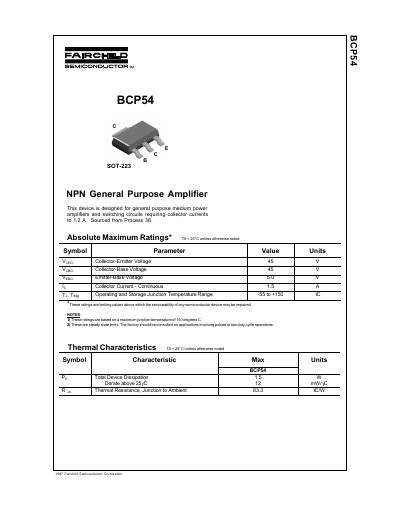 Fairchild Semiconductor BCP54 NPN General Purpose Amplifier Datasheet - cover page