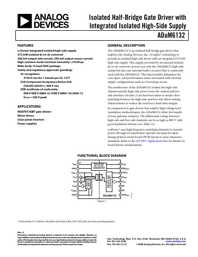Analog Devices ADuM6132 Isolated Half-Bridge Gate Driver Datasheet - cover page