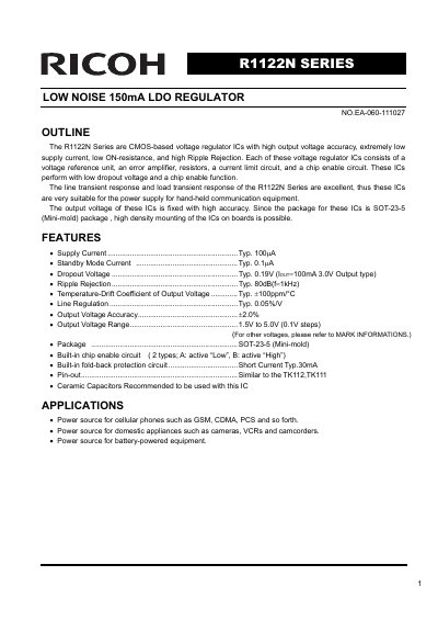 Ricoh R1122N Series Low Noise LDO Regulator Datasheet - cover page