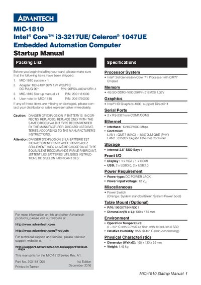 Advantech MIC-1810 Embedded Automation Computer Startup Manual - cover page