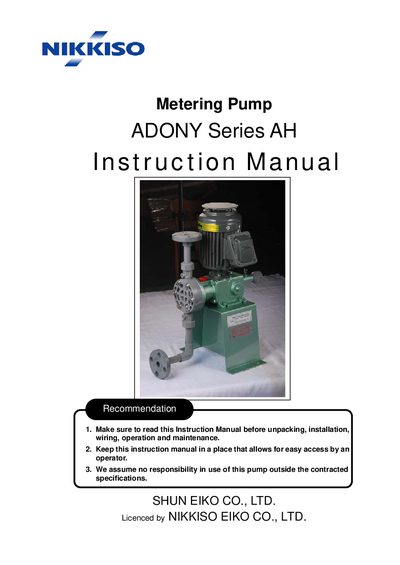 Shun Eiko ADONY Series AH Metering Pump Instruction Manual - cover page