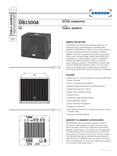 Samson DB1500A Active Subwoofer Specification Sheet - cover page