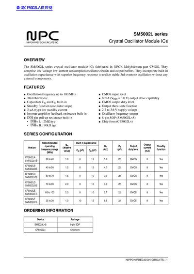 Nippon Precision Circuits SM5002L Series Crystal Oscillator Module ICs Datasheet - cover page