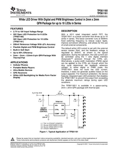 Texas Instruments TPS61160/TPS61161 LED Driver Datasheet