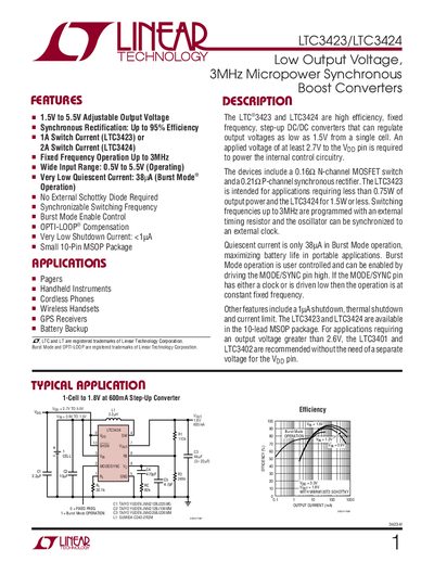 Linear Technology LTC3423/LTC3424 Boost Converter Datasheet - cover page