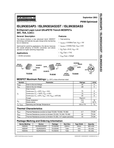 Fairchild ISL9N303AP3 / ISL9N303AS3ST / ISL9N303AS3 Datasheet - cover page