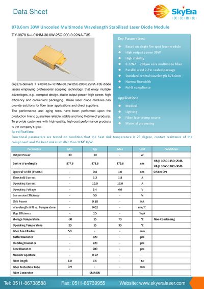 SkyEra T Y-0878.6 +/-01NM-30.0W-25C-200-0.22NA-T3S Laser Diode Module Data Sheet