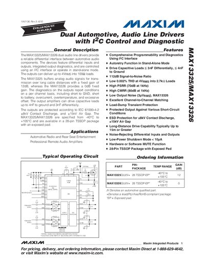 Maxim MAX13325/MAX13326 Dual Automotive Audio Line Drivers Datasheet - cover page