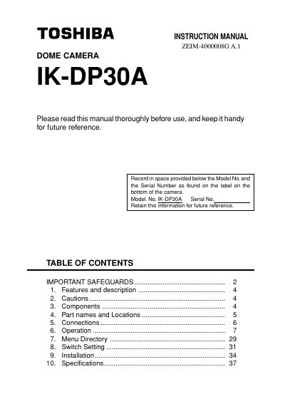 Toshiba IK-DP30A Dome Camera Instruction Manual - cover page