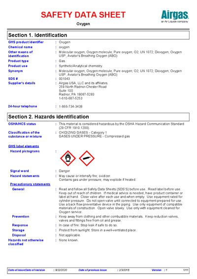 Airgas Oxygen Safety Data Sheet - cover page