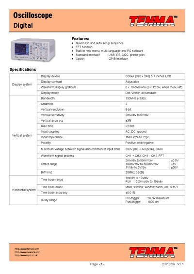 Tenma 72-7235 Digital Oscilloscope Datasheet - cover page