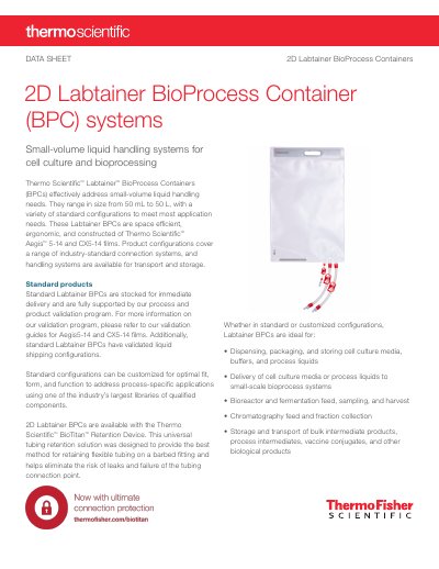 Thermo Scientific 2D Labtainer BioProcess Container Data Sheet - cover page