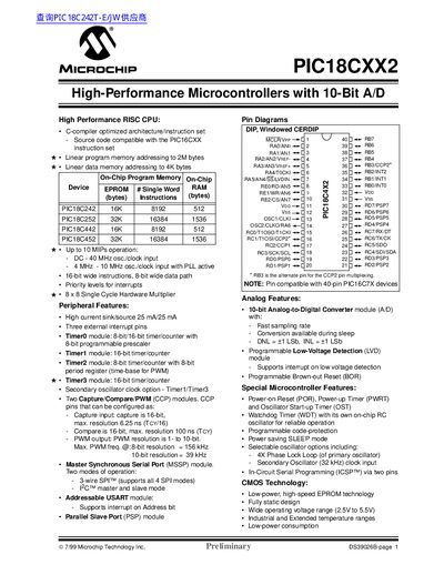 Microchip PIC18CXX2 Datasheet - cover page