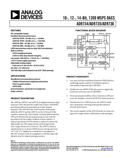 Analog Devices AD9734/AD9735/AD9736 10-12-14‑Bit 1200 MSPS DAC Handbook - cover page