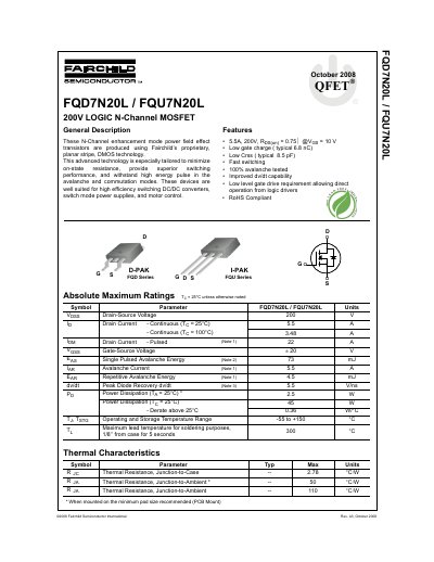 Fairchild Semiconductor FQD7N20L/FQU7N20L 200V Logic N-Channel MOSFET Datasheet - cover page