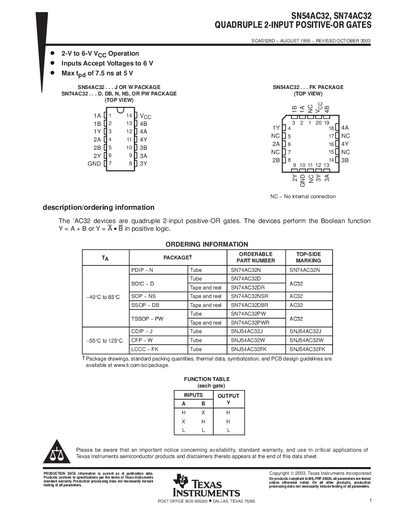 TEXAS INSTRUMENTS SN54AC32/SN74AC32 Manual - cover page