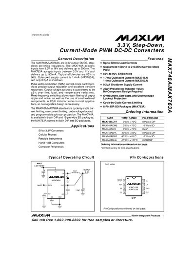 Maxim MAX748A/MAX763A 3.3V Step-Down Current-Mode PWM DC-DC Converters Datasheet - cover page