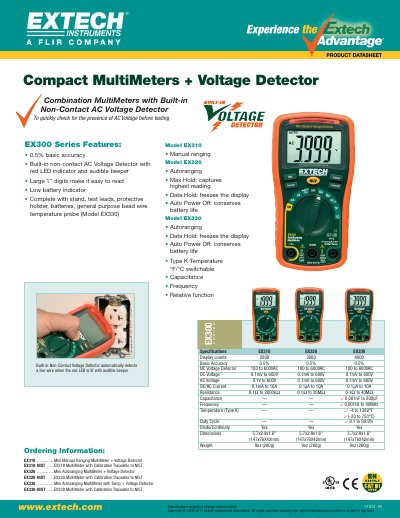 EXTECH EX310 ................Mini Manual Ranging MultiMeter + Voltage Detector EX310-NIST ......EX310 MultiMeter with Calibration Traceable to NIST EX320 ................Mini Autoranging MultiMeter  - cover page