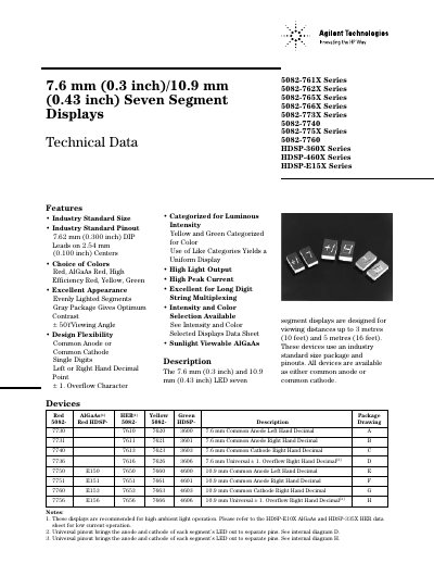 Agilent Technologies 5082-761X Series 7.6 mm (0.3 inch)/10.9 mm (0.43 inch) Seven Segment Displays Technical Data1 - cover page