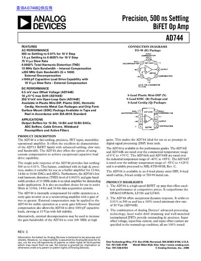 ANALOG DEVICES AD744 Precision 500 ns Settling BiFET Op Amp handbook