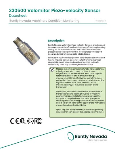 Bently Nevada 330500 Velomitor Piezo-velocity Sensor Datasheet