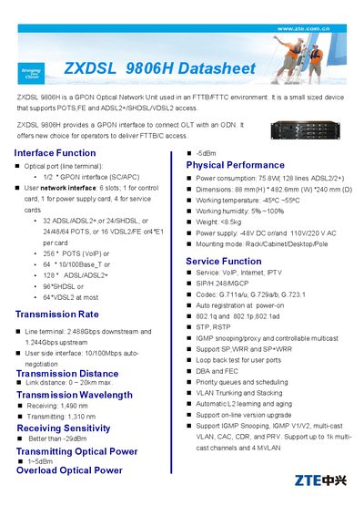 ZTE ZXDSL 9806H Datasheet - cover page