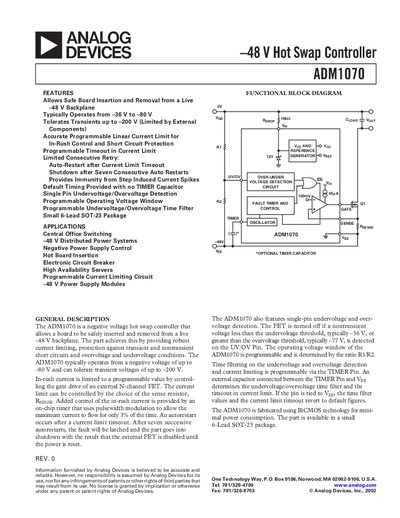 Analog Devices ADM1070 Hot Swap Controller Datasheet - cover page