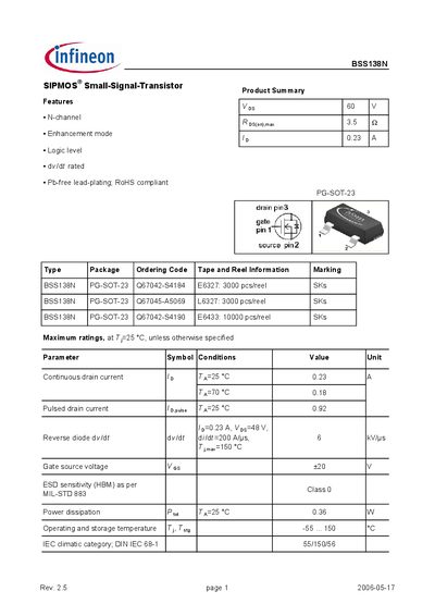 Infineon BSS138N Datasheet - cover page