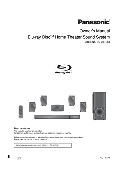 Panasonic SC-BTT268 Blu-ray Disc Home Theater Sound System Owner's Manual - cover page