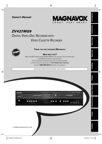 Magnavox ZV427MG9 Digital Video Disc Recorder with Video Cassette Recorder Owner's Manual - cover page