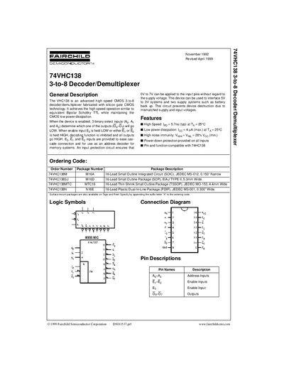 Fairchild 74VHC138 3-to-8 Decoder/Demultiplexer Datasheet - cover page
