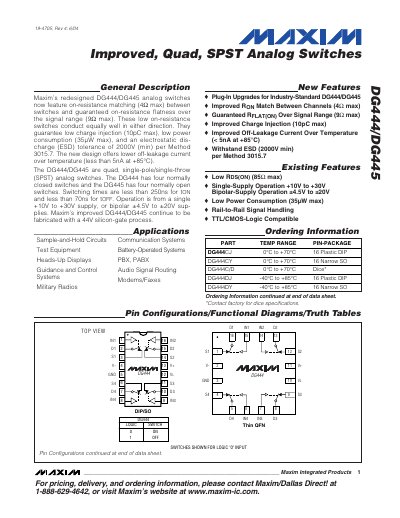 Maxim DG444/DG445 Quad SPST Analog Switches Datasheet - cover page