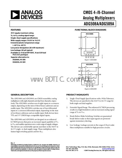 Analog Devices ADG508A/ADG509A Analog Multiplexer Datasheet - cover page