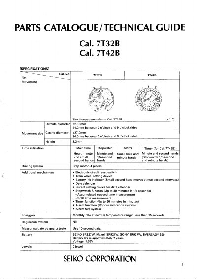 Seiko 7T32B/7T42B Parts Catalogue Technical Guide - cover page