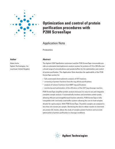 Agilent 2200 TapeStation P200 ScreenTape Application Note for Protein Purification Optimization - cover page