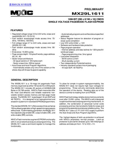 Macronix MX29L1611 16M‑bit Flash EEPROM Datasheet - cover page