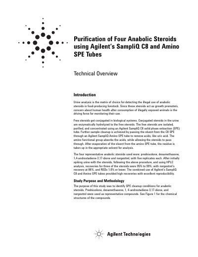 Agilent SampliQ C8 and Amino SPE Tubes Application Note for Anabolic Steroid Purification - cover page