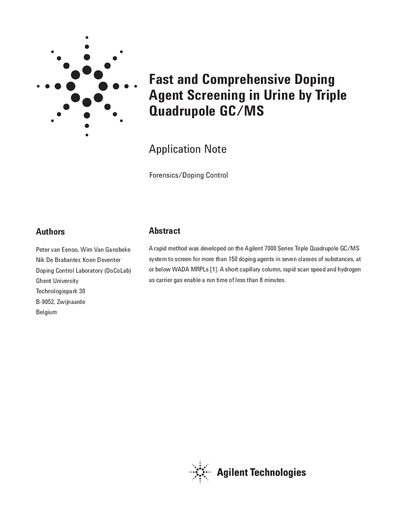Agilent 7000A Triple Quadrupole GC/MS Doping Agent Screening Application Note - cover page